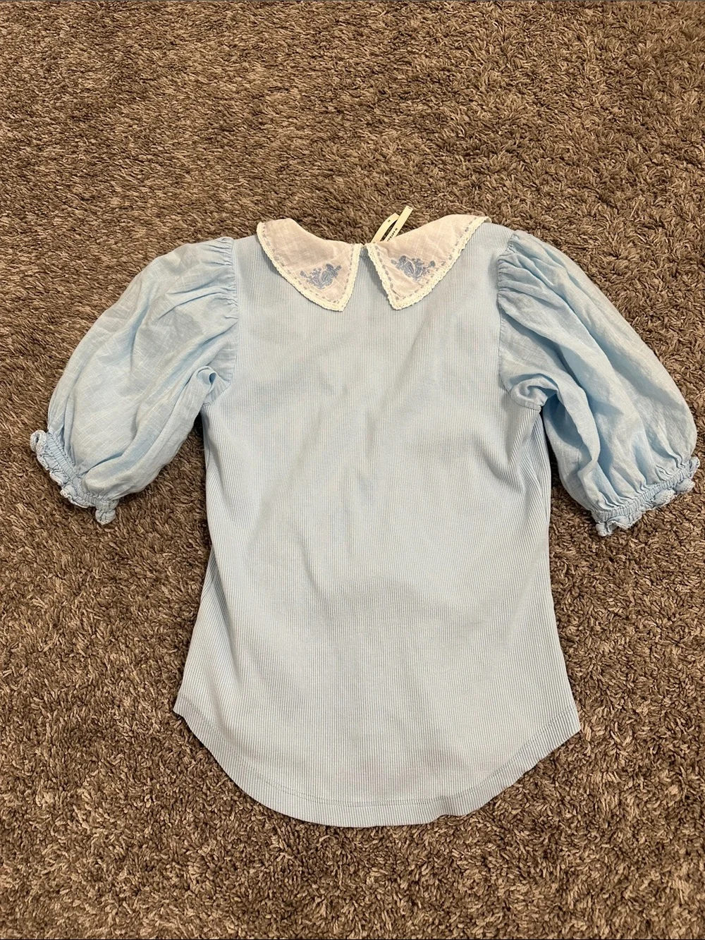Anthropologie Light Blue Puff Sleeve Top with Embroidered White Collar